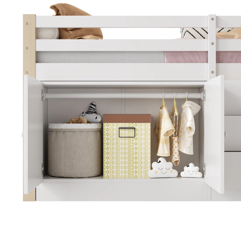Letto a Soppalco Singolo 90x200 cm; 2 Armadi; Cassetti e Appendiabiti - Bianco
