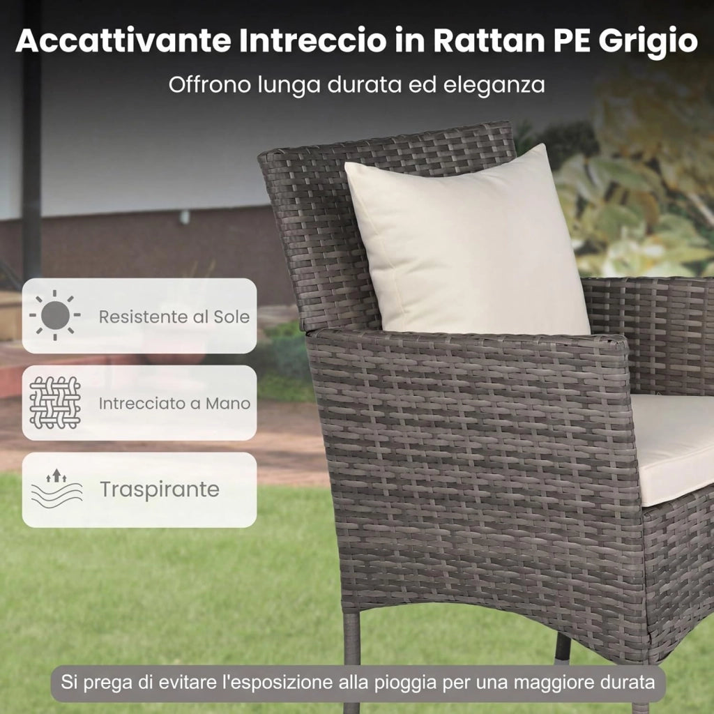 Set da Salotto da Giardino 3 Pezzi, 3 Pezzi Set Mobili da Esterno in Rattan con Tavolo in Vetro Temperato a Doppio Ripiano, Set da Conversazione con Cuscini per Veranda (Grigio+Bianco)