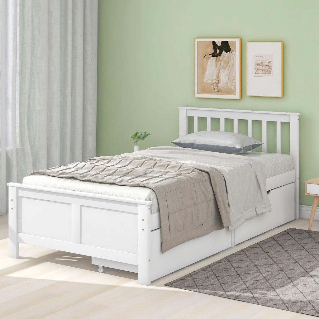 Letto con Cassetti 90x200 cm; Letto Singolo - 2 Cassetti - in Legno Massello - Bianco