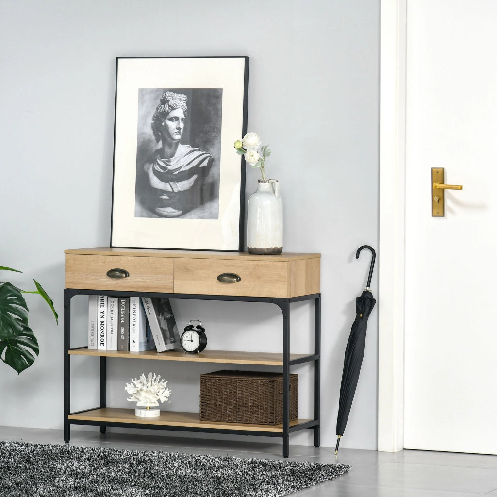 Tavolo da ingresso con 2 cassetti e 2 ripiani ¨C Zephmum ¨C 100x35x79 cm effetto rovere