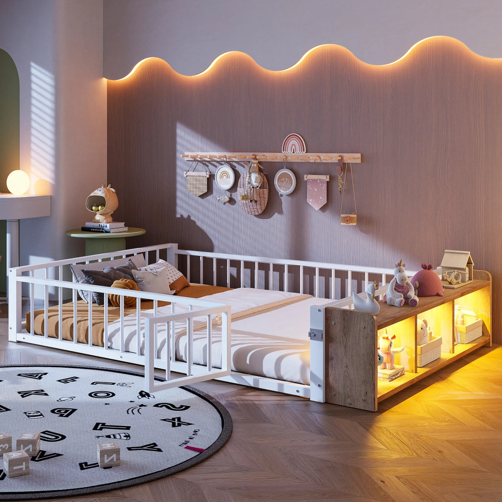 Letto in metallo con cassetti LED 140x200 MDF bianco e metallo