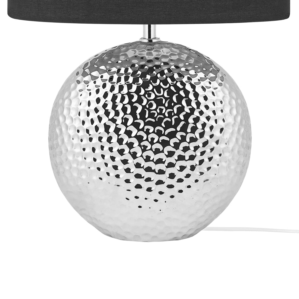 Lampada da Tavolo Argento e Nero Ceramica Base Lucida Paralume Tamburo in Poliestere Design Glam
