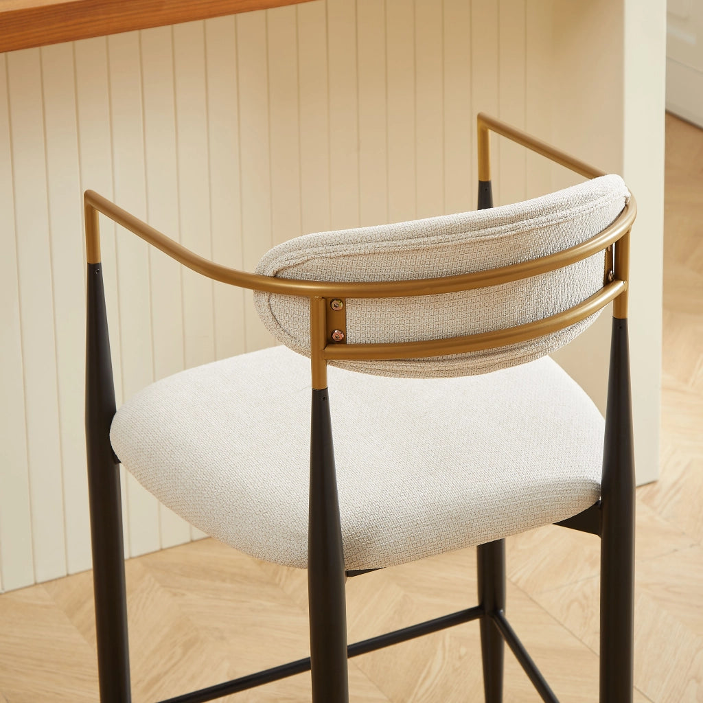 Set di 2 sgabelli da bar con braccioli; schienale e struttura nero oro in tessuto beige per cucina