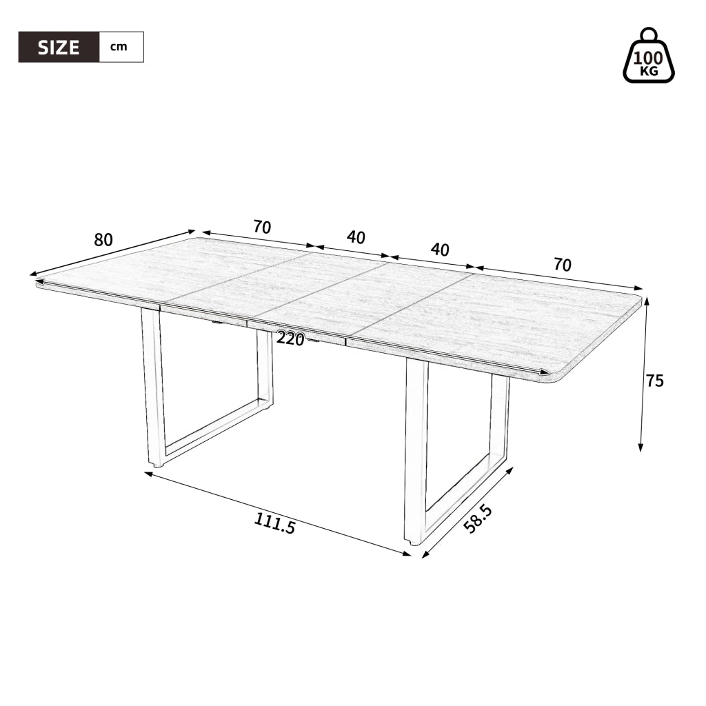 Tavolo da pranzo allungabile 140/180/220x80 cm; rettangolare per 6-10 persone; gambe in metallo; effetto legno naturale