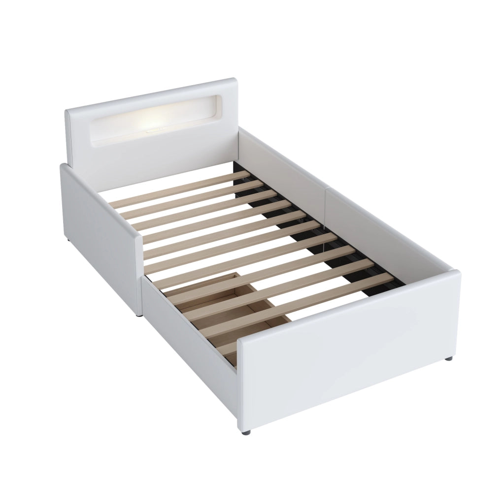 Letto per bambini 90x200 cm con luce notturna, USB e cassetti in similpelle bianca