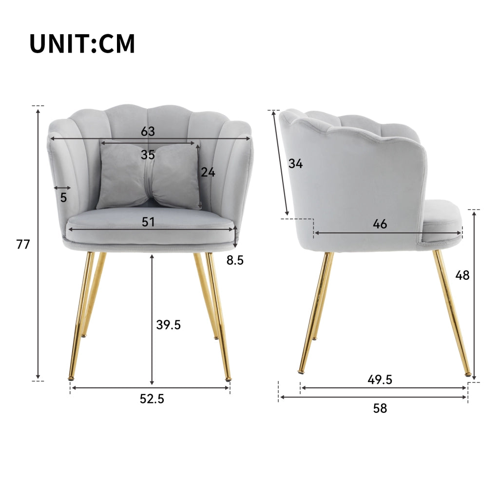 Poltrona da soggiorno in velluto grigio con schienale a petalo; gambe in metallo dorato; 62 cm