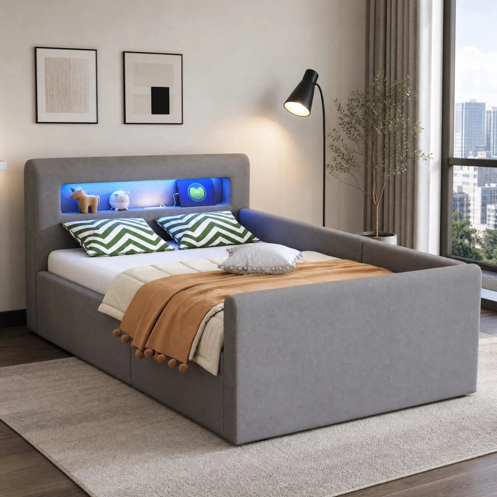 Letto imbottito per bambini 90x200 cm in velluto grigio chiaro con LED; USB e contenitore idraulico