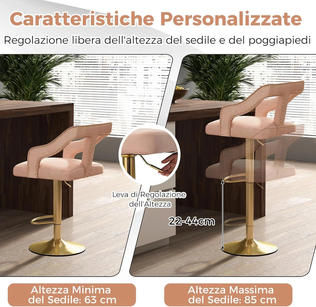 Set 2 Sgabelli da Bar in Velluto, Sedie Girevole e Regolabile con Poggiapiedi, Schienali in Forma a T, Braccioli, Base in Metallo Elettroplaccata per Cucina ad Isola e Sala da Pranzo (Rosa)