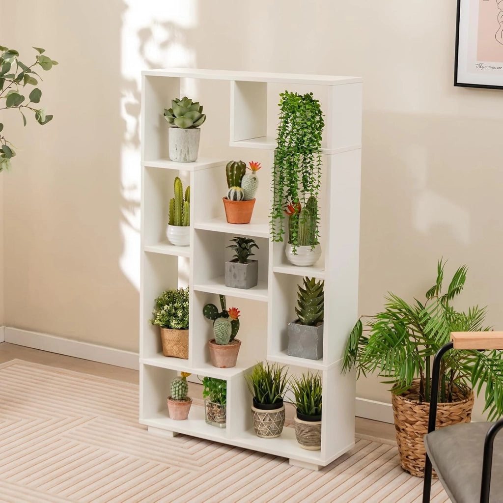 Libreria Geometrica 120 cm, Scaffale per Libri con Ripiani Aperti, Scaffale da Esposizione Moderno con Kit Anti-ribaltamento, Ideale per Casa Ufficio o Soggiorno (Bianco)
