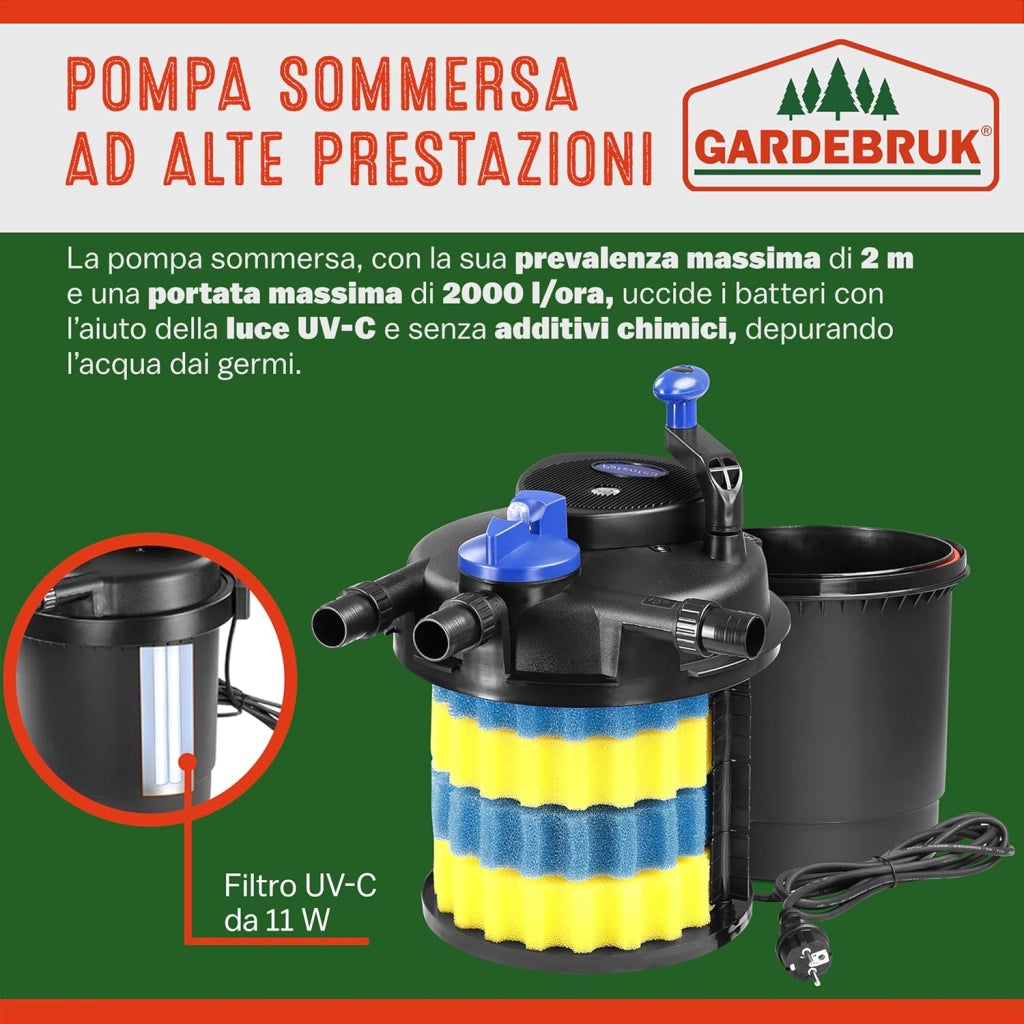 Filtro a Pressione per Laghetto con UVC 16L 6000 L/H 11 Watt Set Completo Pompa Potente