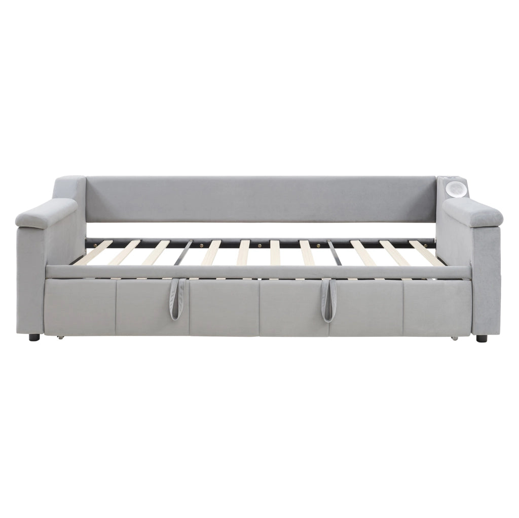 Divano letto 90x190/180x190 cm con Bluetooth, USB e vani in velluto grigio
