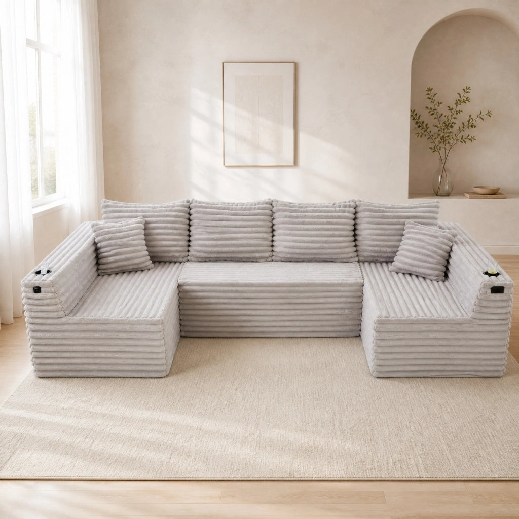Divano modulare a U in corduroy con portabicchieri, tasche laterali e cuscini inclusi, design ergonomico per soggiorno