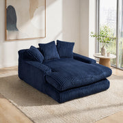 Poltrona chaise longue in velluto a coste blu navy con 3 cuscini schienale e braccioli per soggiorno e studio