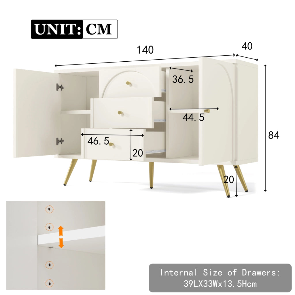 OKWISH Cassettiera con 2 Ante e 3 Cassetti, Ripiano Regolabile, Piede Regolabile, per Camera, Legno, Crema, 140 x 40 x 84 cm