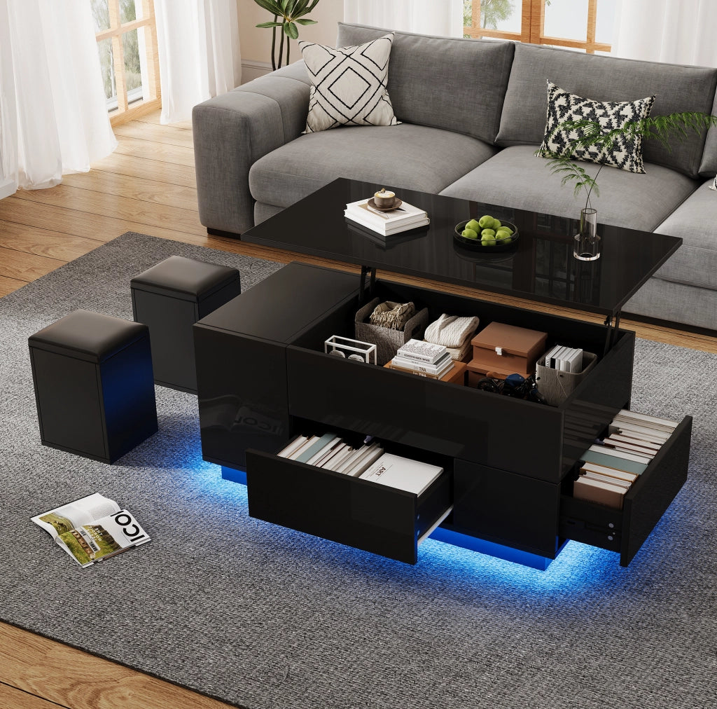 Tavolino da caffè 100x50 cm con altezza regolabile; LED; 2 cassetti e 2 sgabelli; nero