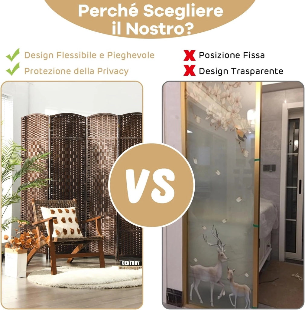 Paravento da Interno ed Esterno 6 Pannelli, Separé Divisorio Pieghevole in Carta Intrecciata a Mano e Cornice in Legno Massello per Camera da Letto, Soggiorno e Ufficio, 273 x 180 cm (Marrone)