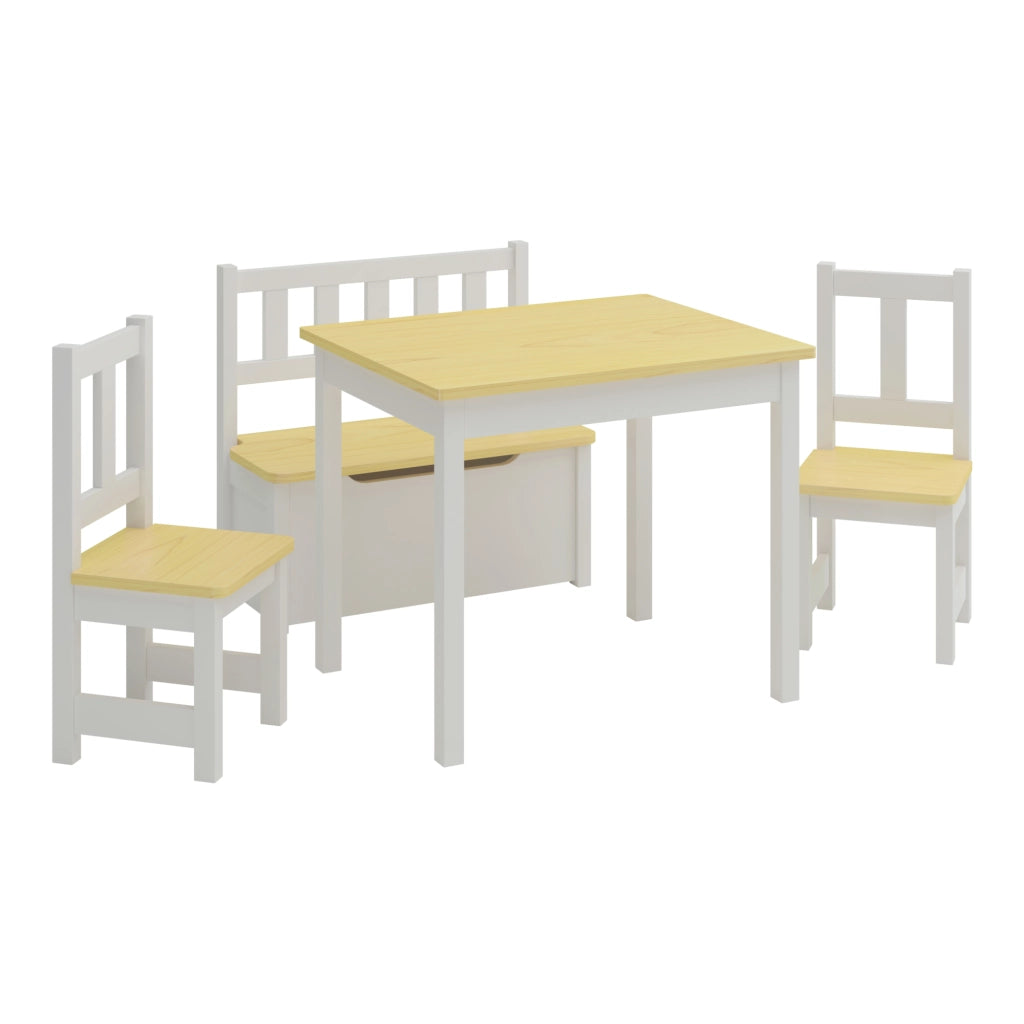 Set 'Lousame' Mobili per Cameretta Composto di 1 Tavolo, 2 Sedie e 1 Cassapanca - Bianco/Naturale [en.casa]