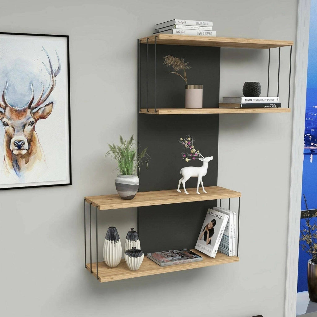Mensola Gerolama, Scaffale, Ripiano a muro, Scaffalatura multiuso, 65x19h96 cm, Antracite e Rovere