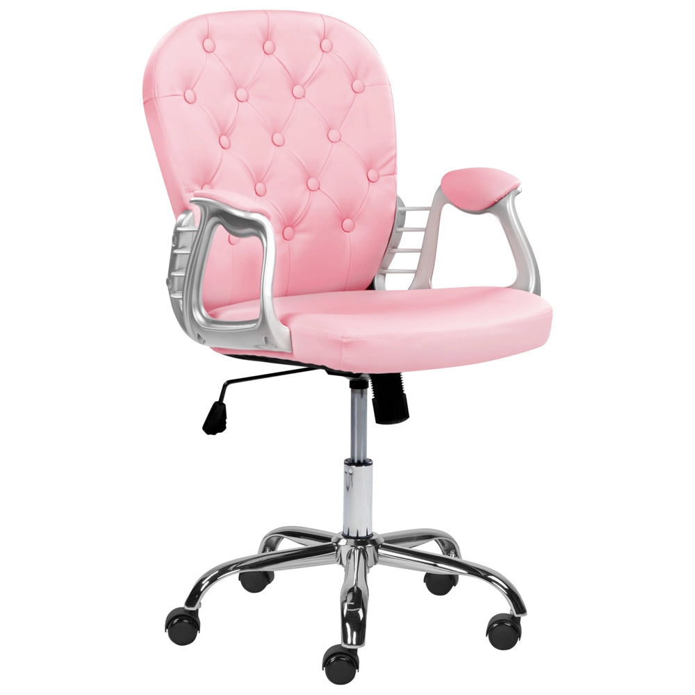 Sedia da ufficio in ecopelle rosa con pulsante regolabile in altezza con alzata a gas con schienale capitonnè e rotazione completa
