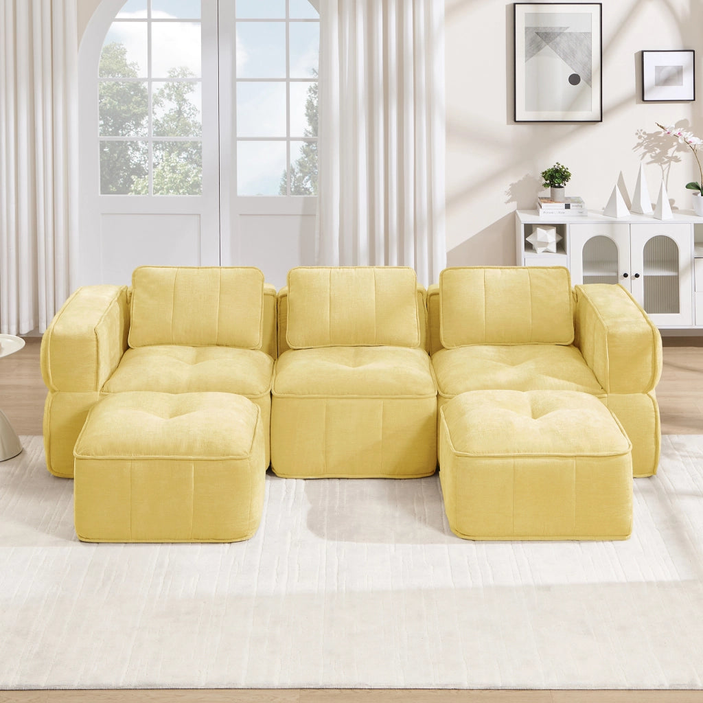 Divano modulare a U con due pouf, schiuma 32D, seduta profonda, senza struttura, per salotto, in poliestere giallo