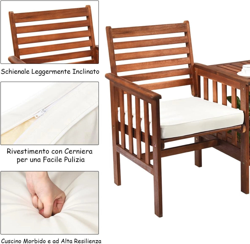 Set Tavolo e Sedia da Giardino con Foro per Ombrello, Set di Mobili a 2 Posti da Esterno in Legno con Cuscini, per Giardino, Cortile e Bordo della Piscina