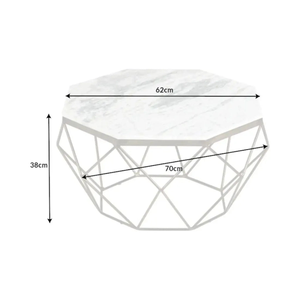 Tavolino basso NEXORA 70 cm in marmo bianco e metallo finitura ottone design geometrico