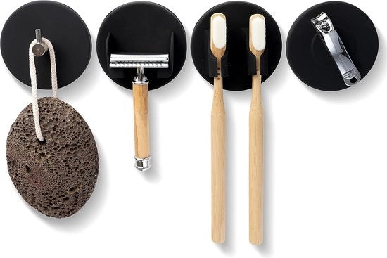 Houder per bagno 4 pezzi, nero, autoadesivo come organizzatore e decorazione per il bagno, senza forare, con appigli, posizionamento per spazzolino da denti, posizionamento per rasoio, con magneti
