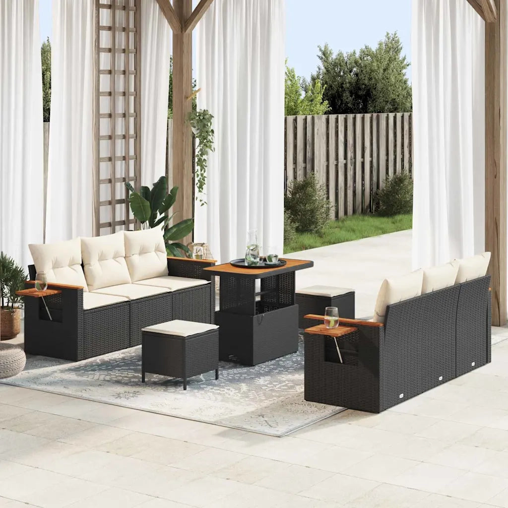 Set Divano da Giardino 11 pcs Nero e Crema polyrattan