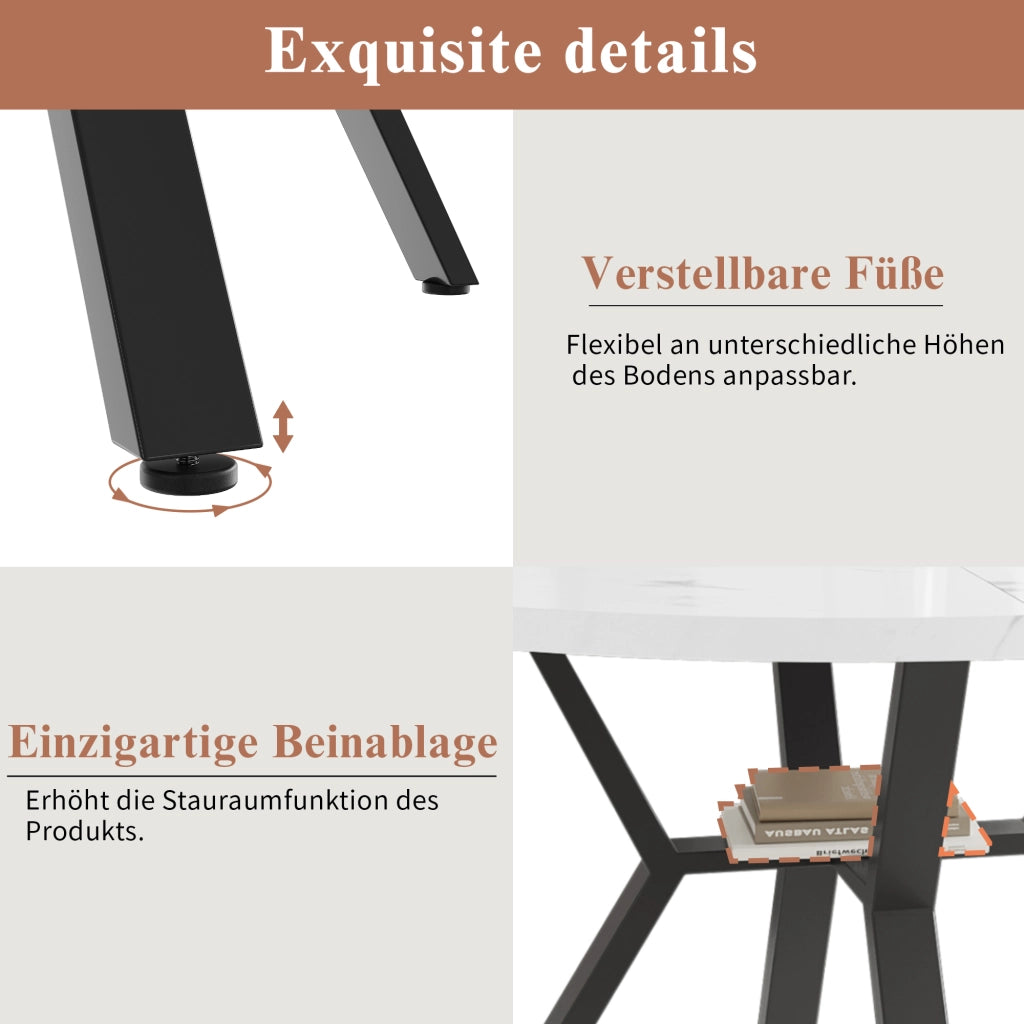 Tavolo da pranzo rotondo per 4 persone con 4 sedie ergonomiche, piano in MDF effetto marmo e base in metallo, nero
