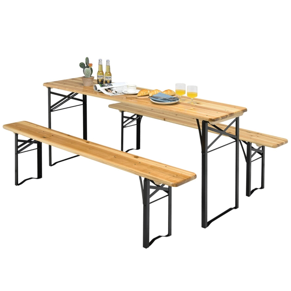 Set di 3 pezzi di tavolo da picnic pieghevole e panca, Tavolo da birra in legno da 176cm con 2 panche per patio-Tavoli e sedie da campeggio
