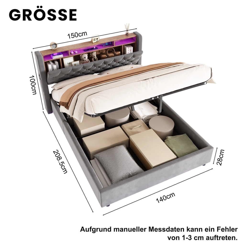LETTO Imbottito 140 x 190 cm in Velluto Grigio con LED, USB e Contenitore