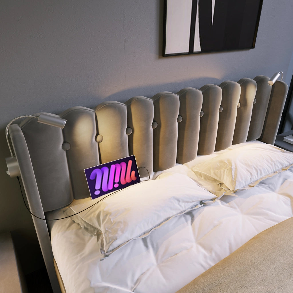 OKWISH Letto Contenitore 160 x 200 cm, Letto Matrimoniale con USB, Luce da Lettura e Vano Contenitore, con Materasso