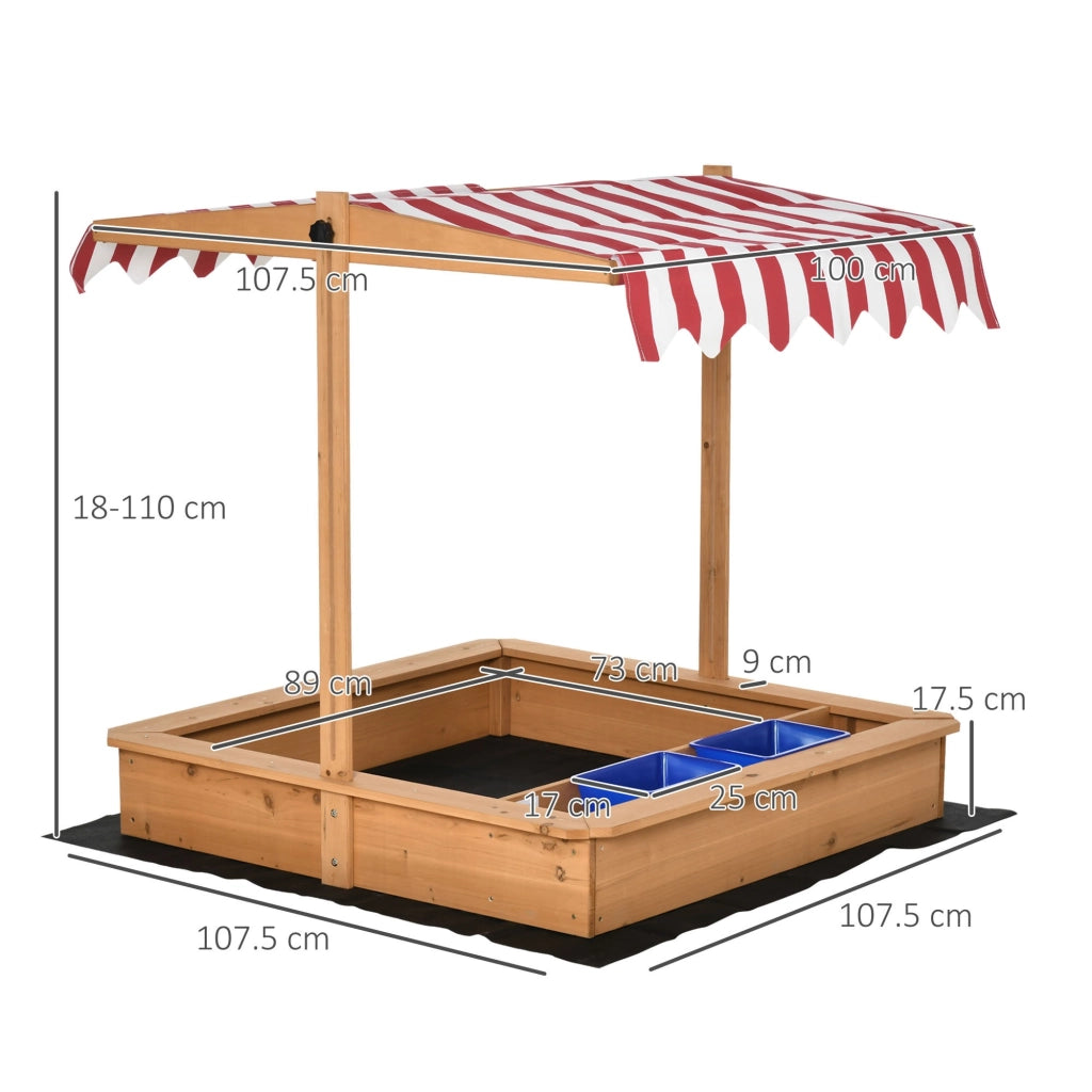 EasyComfort Sabbiera per Bambini in Legno con Tettuccio Regolabile, Sedute e Vaschette, 107.5x107.5x100 cm