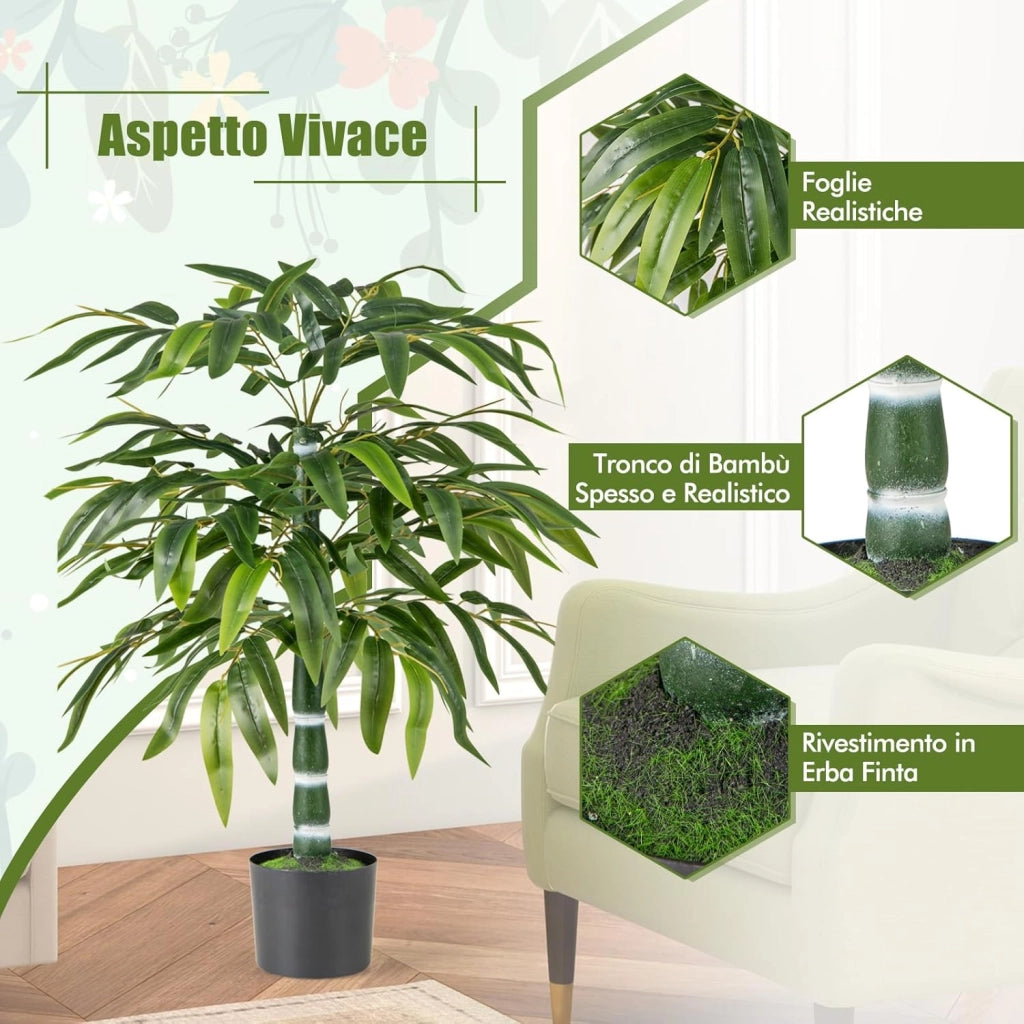 2 Pezzi Pianta Finta di Bambù 100 cm, Pianta Bamboo Artificiale in Vaso Decorazione in Casa e Ufficio, Pianta Finta in PE con 15 Rami da Interno ed Esterno