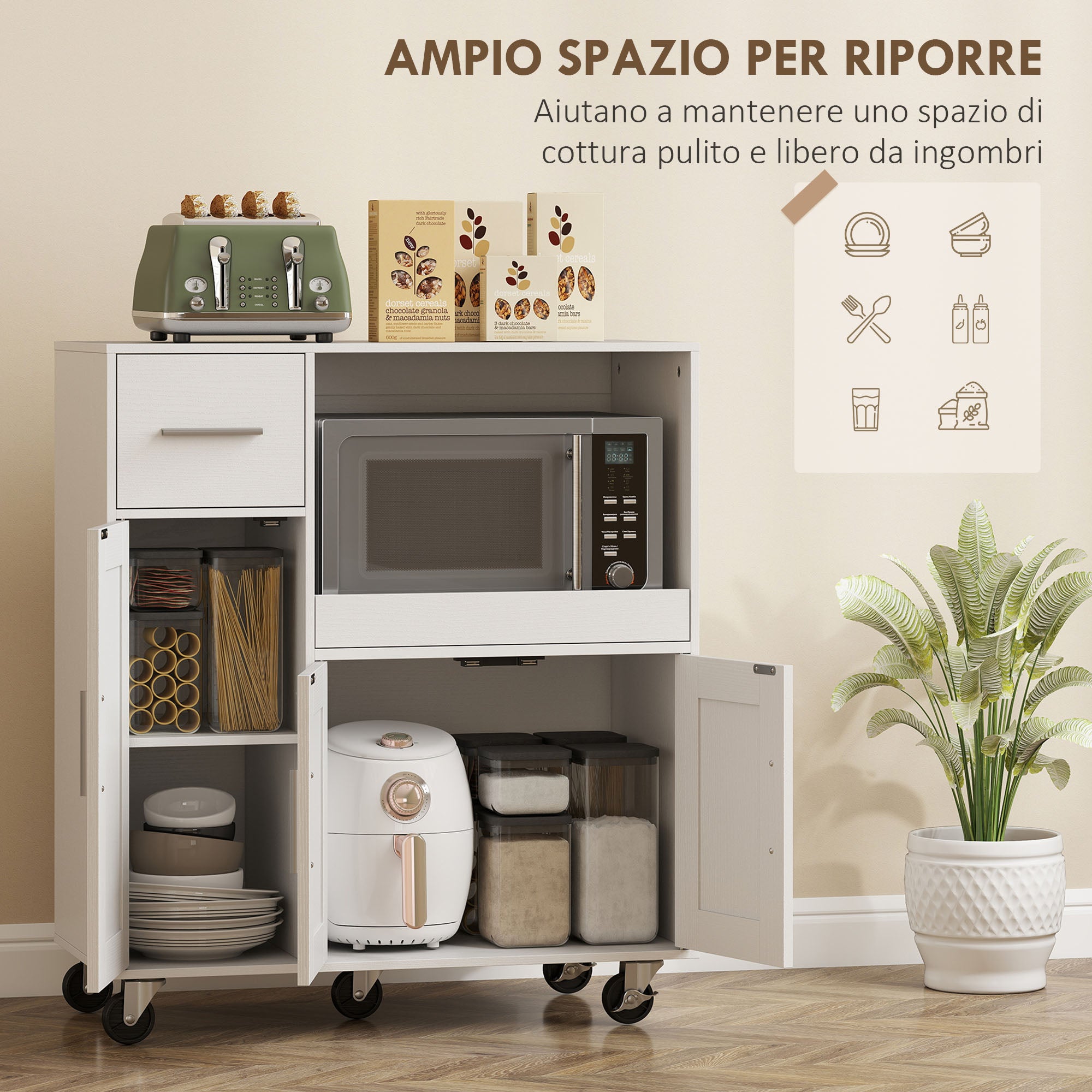 Mobile per Microonde 80x40x88,7 cm con Cassetto 2 Armadietti Ripiano Aperto e Piano Regolabile in Legno Bianco