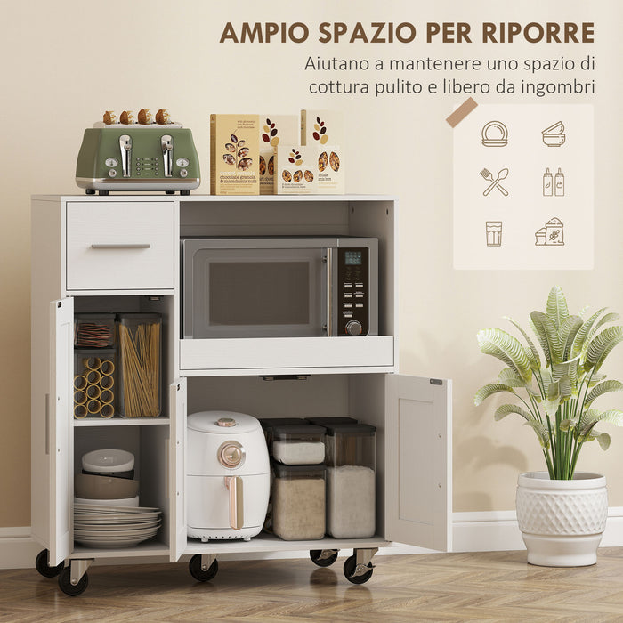 Mobile per Microonde 80x40x88,7 cm con Cassetto 2 Armadietti Ripiano Aperto e Piano Regolabile in Legno Bianco