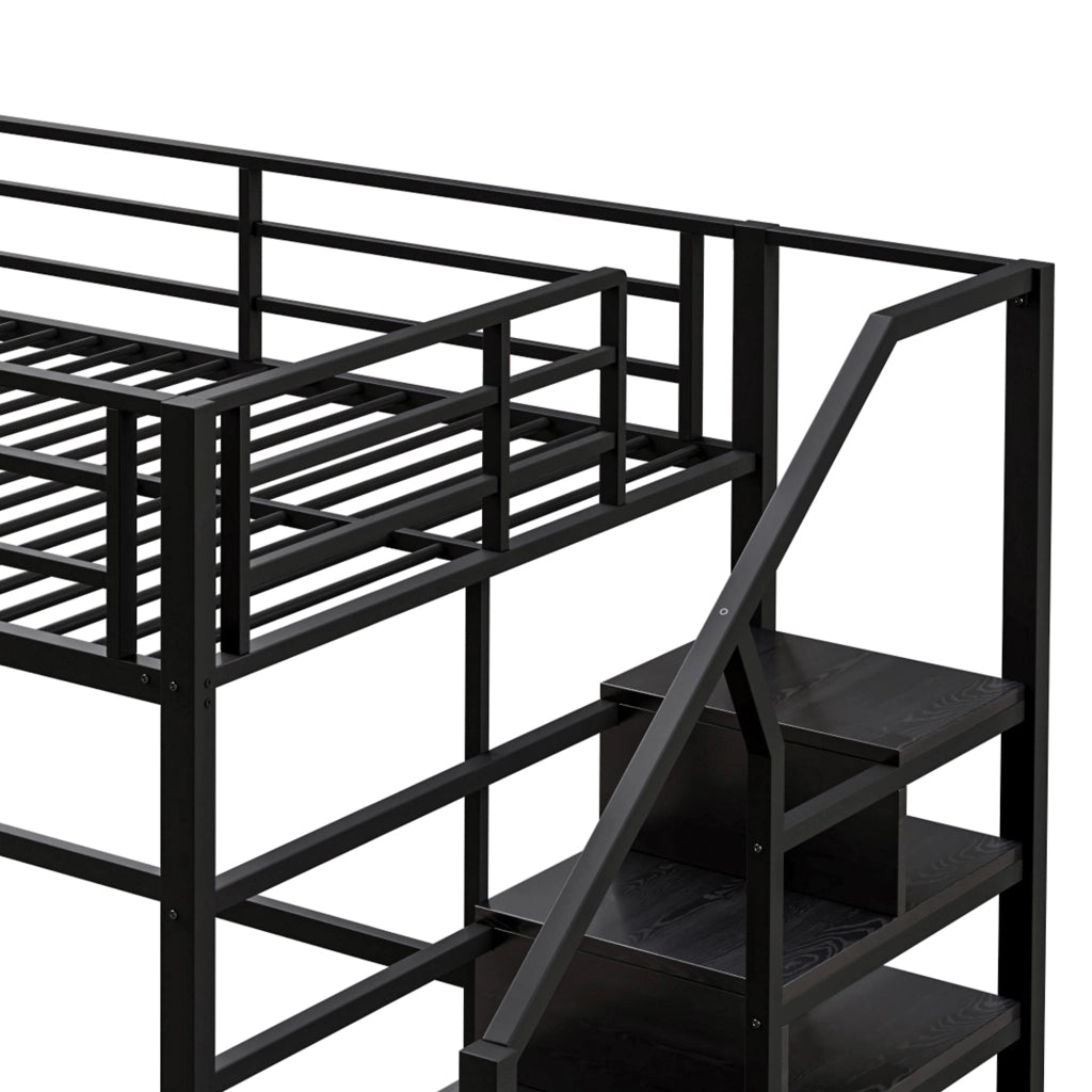 OKWISH Letto a Soppalco 140×200 cm, Letto Matrimoniale con Mensole, Scala con Contenitori e Sponda, senza Materasso, Metallo, Nero