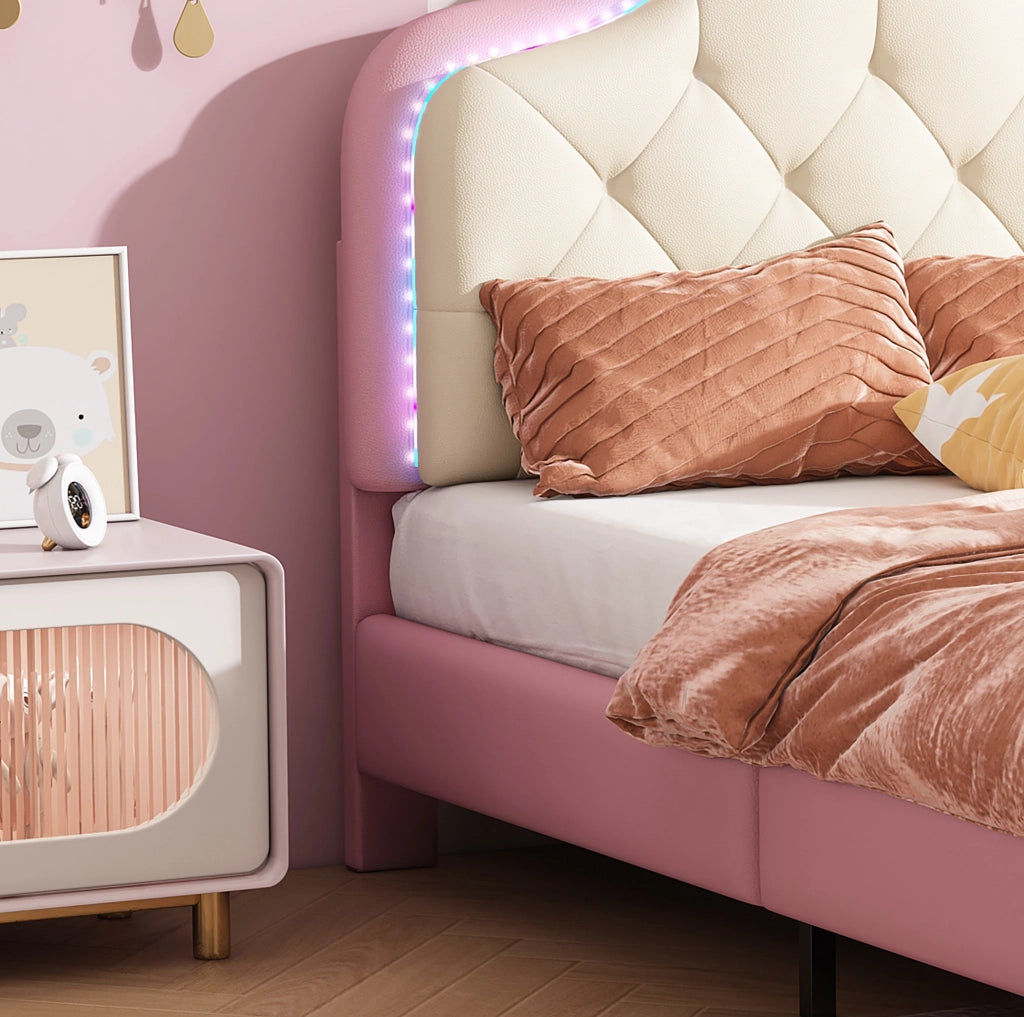 Letto singolo 90x200 cm rosa e bianco in PU con striscia LED