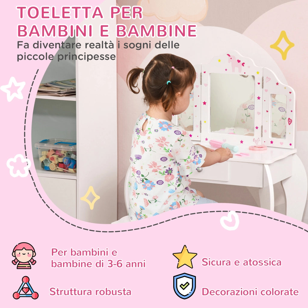 EasyComfort Toeletta per Bambini con Sgabello, Tavolo Trucco con Triplo Specchio e Cassetto, 63x40x85.5cm, Bianco