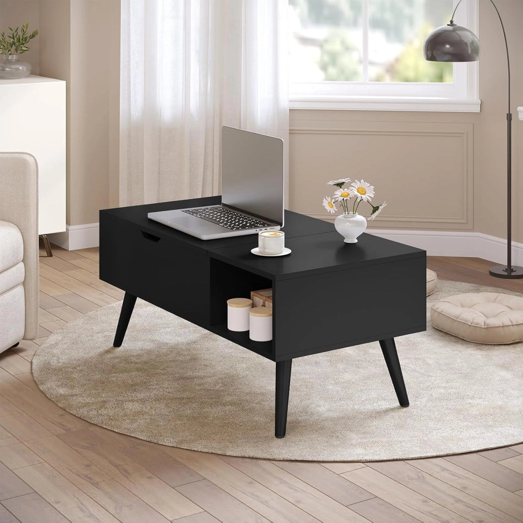 Tavolino da Caffè Sollevabile e Allungabile, Tavolo con Spazio Interno e Scomparto Aperto, Tavolino da Salotto per Soggiorno, 100x50x(43-57) cm, Nero, BTS26sz