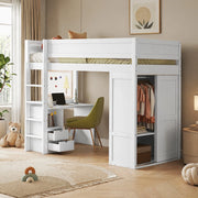 Letto a soppalco 90x200 cm bianco con scrivania, armadio e cassetti