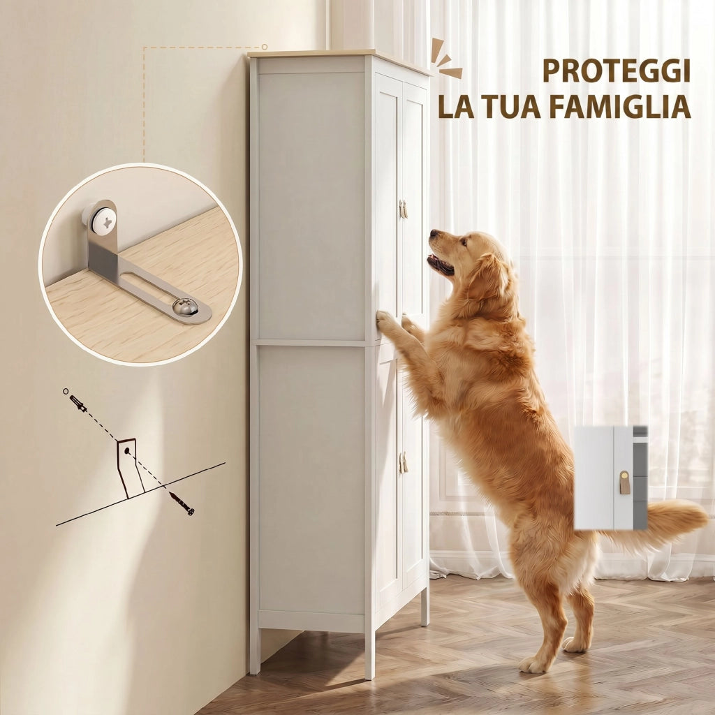Credenza Cucina Alta 177 cm. Mobile Cucina con Luce LED. Dimmerabile a 3 Colori. Ripiani Regolabili. Bianco