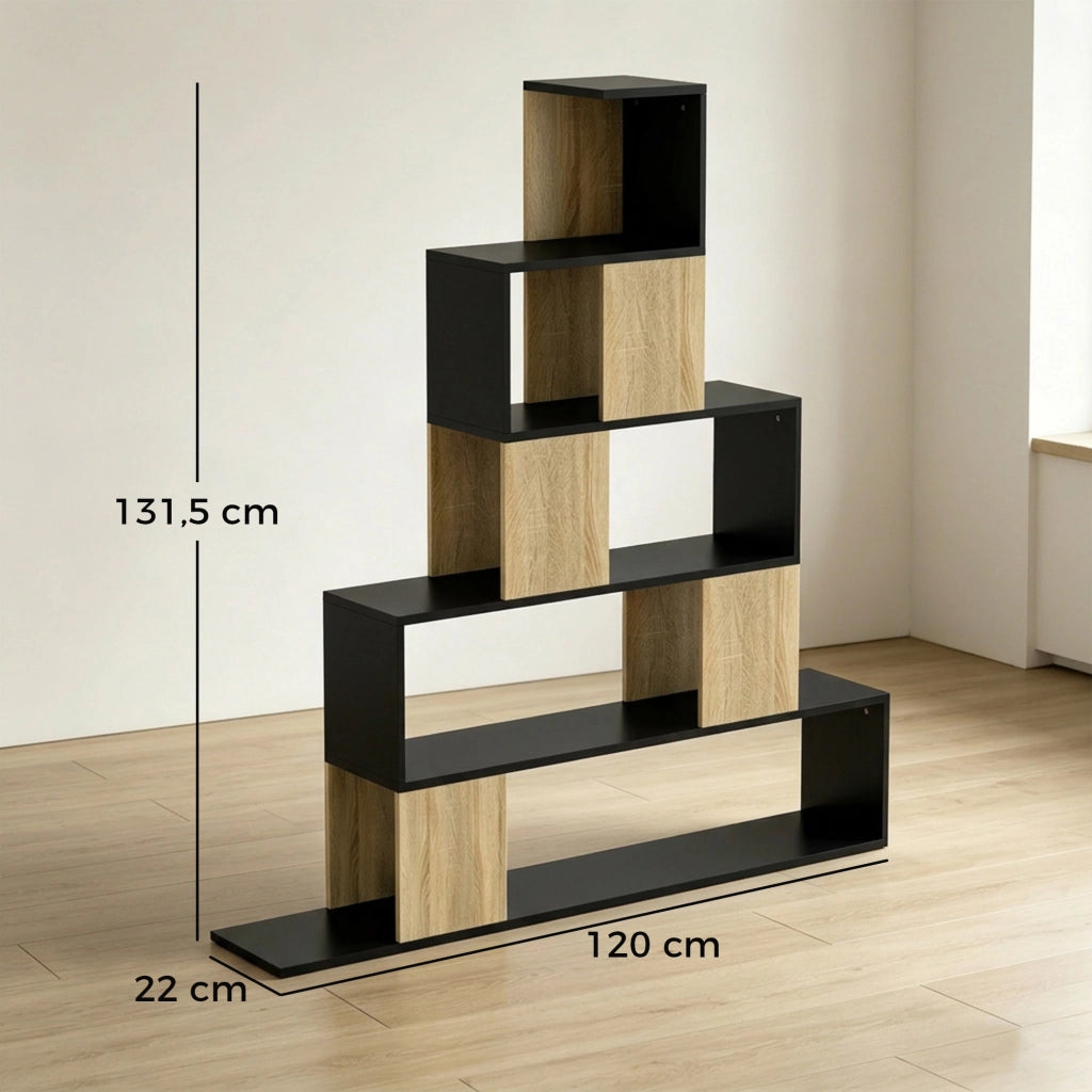 Libreria geometrica 5 livelli ¨C Xylo ¨C legno naturale e nero, scaffale per soggiorno ufficio camera