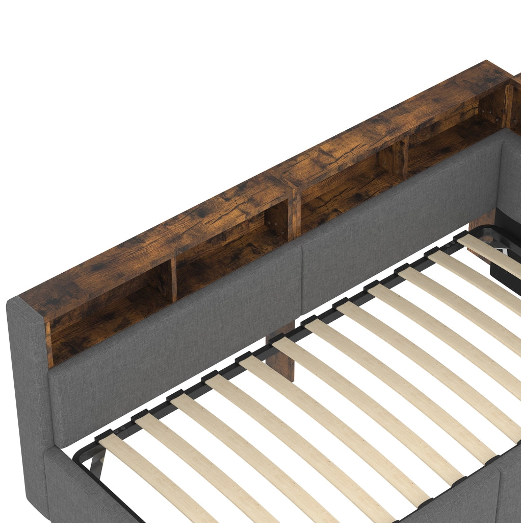 Divano letto 90x200 cm con luci LED e porte USB e Tipo C; in lino grigio