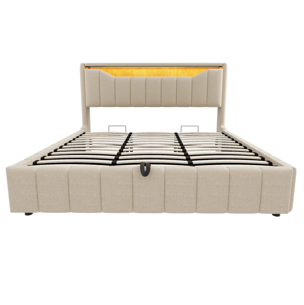 Letto matrimoniale contenitore 214.5x181x107.5 cm con sistema idraulico; LED e testiera contenitore in tessuto beige