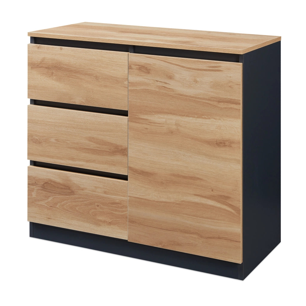 Credenza Mobile Contenitore Kyr Comò con Anta e 3 Cassetti 80 x 40 x 75 cm - Nero/Effetto Rovere Rustico [en.casa]