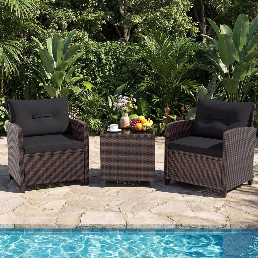 Set di Mobili da Giardino, in Rattan, 3 Pezzi Mobiletti, 1 Tavolino + 2 Poltrone, Salottino da Esterno, con Cuscini per Balcone, Giardino, Cortile, Terrazza, 3 Colori (Nero)