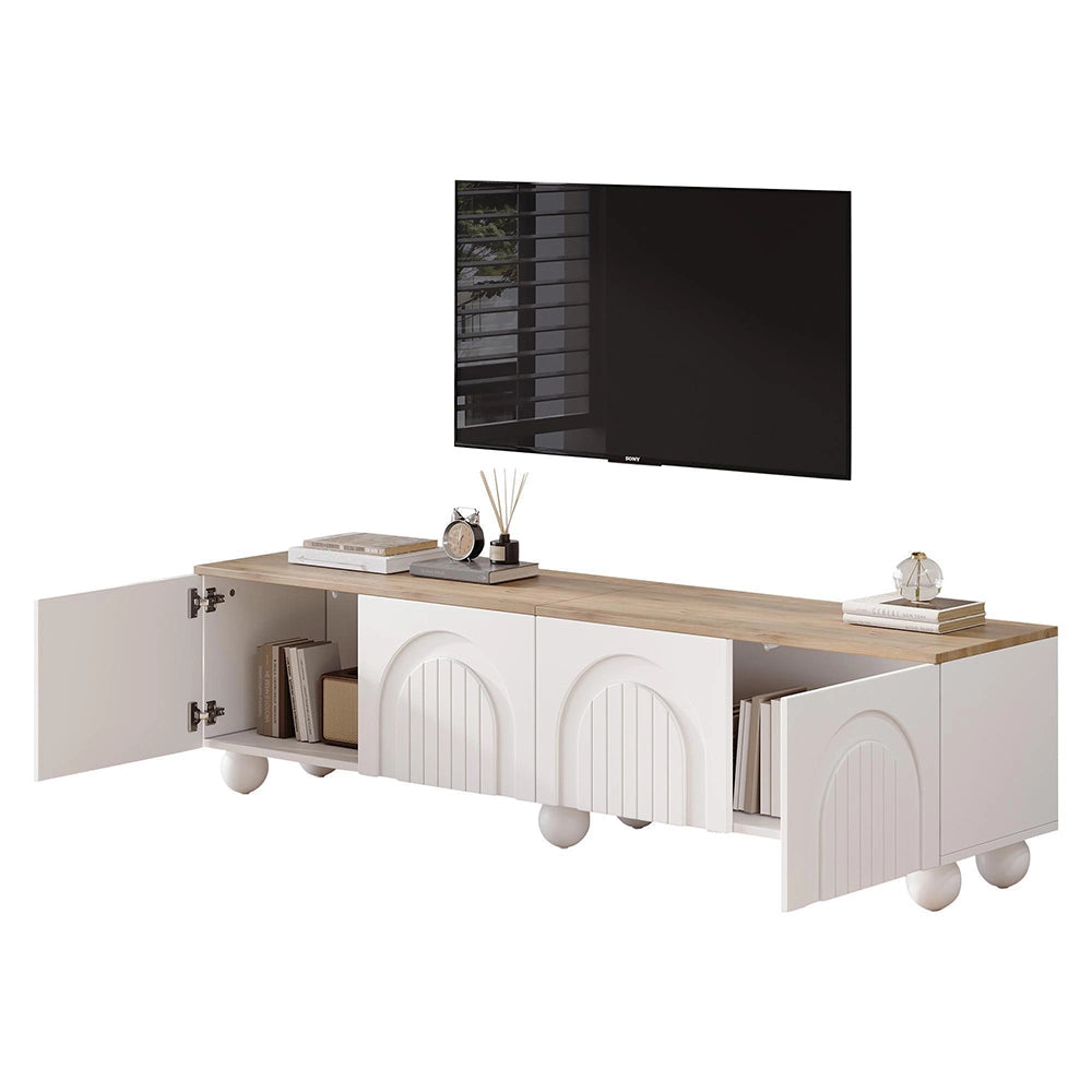 Mobile TV 180x40x45cm - Xylo - 4 Ante, 6 Piedi Sferici, Legno e Bianco, fino a 80"