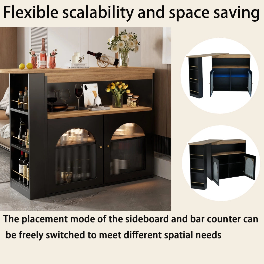 OKWISH Tavolo Bar Estensibile con Ripiani a 3 Livelli, Rotazione 360 e LED, per Sala da Pranzo, MDF, Nero, 138-193 × 39 × 105 cm