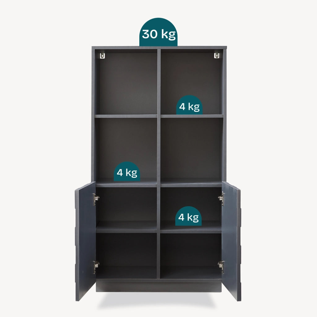 Armadio Comò Alto Bopibobro a 2 Ante Credenza con 4 Ripiani Aperti e 4 Vani Chiusi 118 x 64 x 30 cm - Grigio Scuro [en.casa]